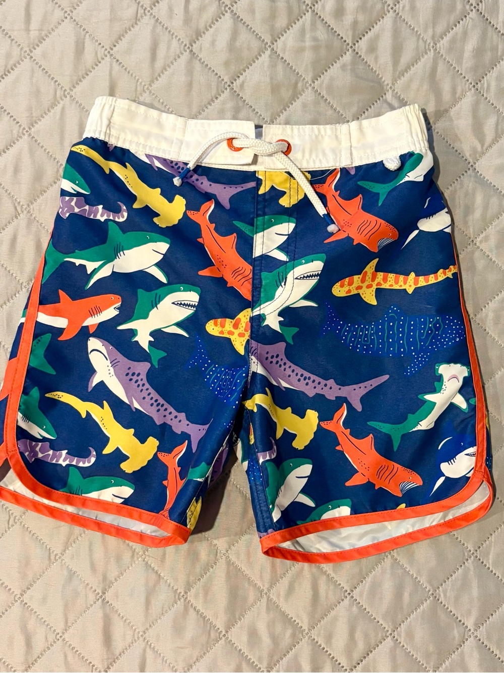 Mini Boden Navy Shark-Print Swim Shorts with Bright Accents